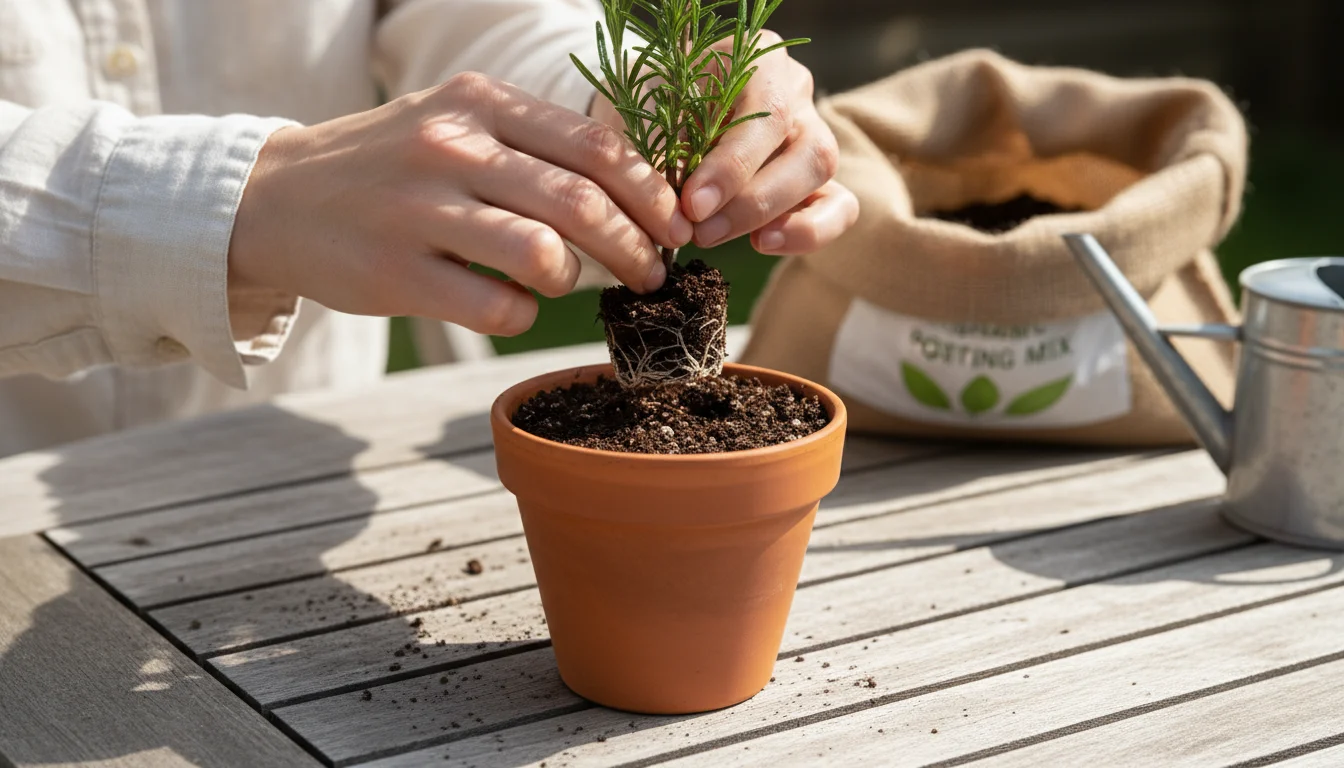 Hands carefully transplanting a rooted rosemary cutting into a terracotta pot on a wooden table, with potting soil and a watering can nearby.
