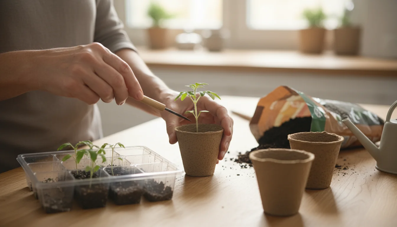 Hands gently transplanting tiny green tomato seedlings from a tray into small pots on a sunlit kitchen counter.