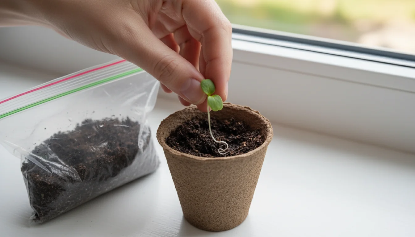 Hands carefully transplanting a tiny seedling with cotyledons from a Ziplock bag to a small peat pot on a bright window sill.