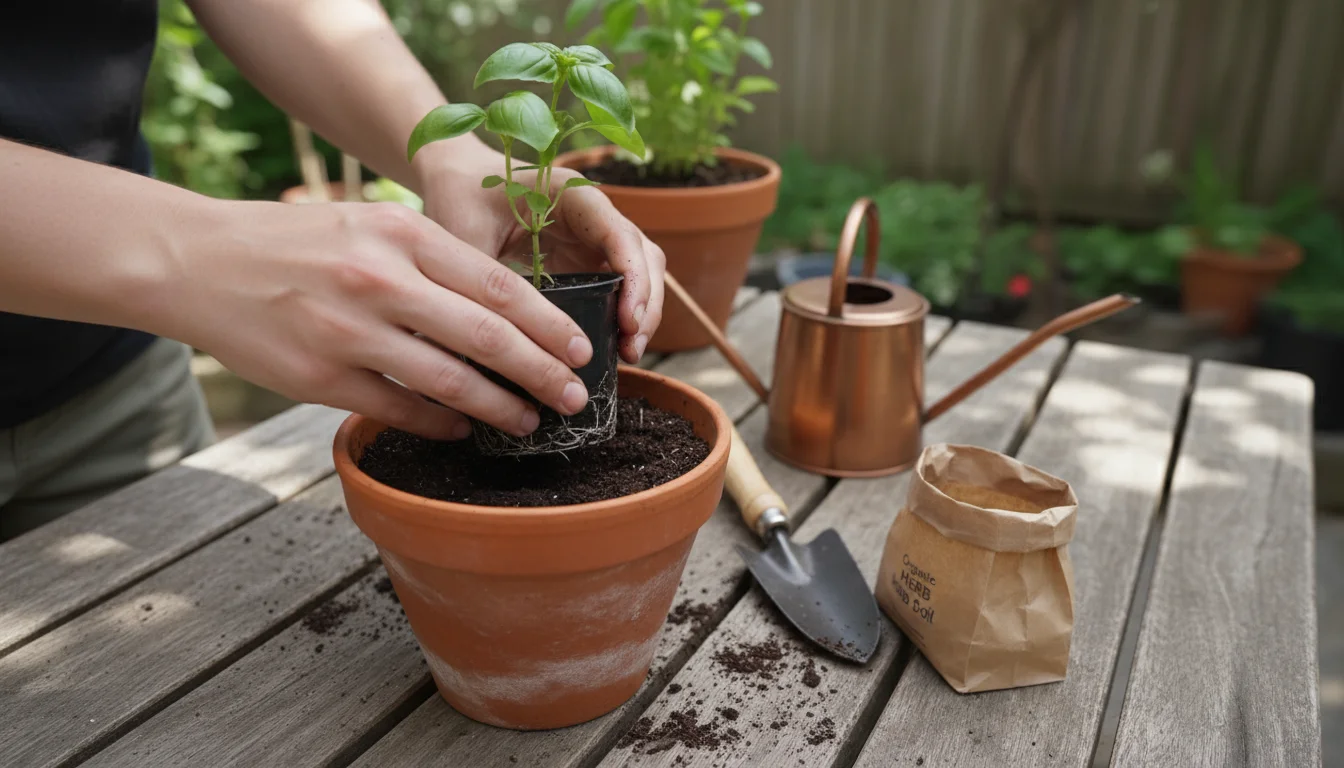 Close-up of hands carefully transplanting a young basil plant into a terracotta pot on a patio table, with a seed packet nearby.