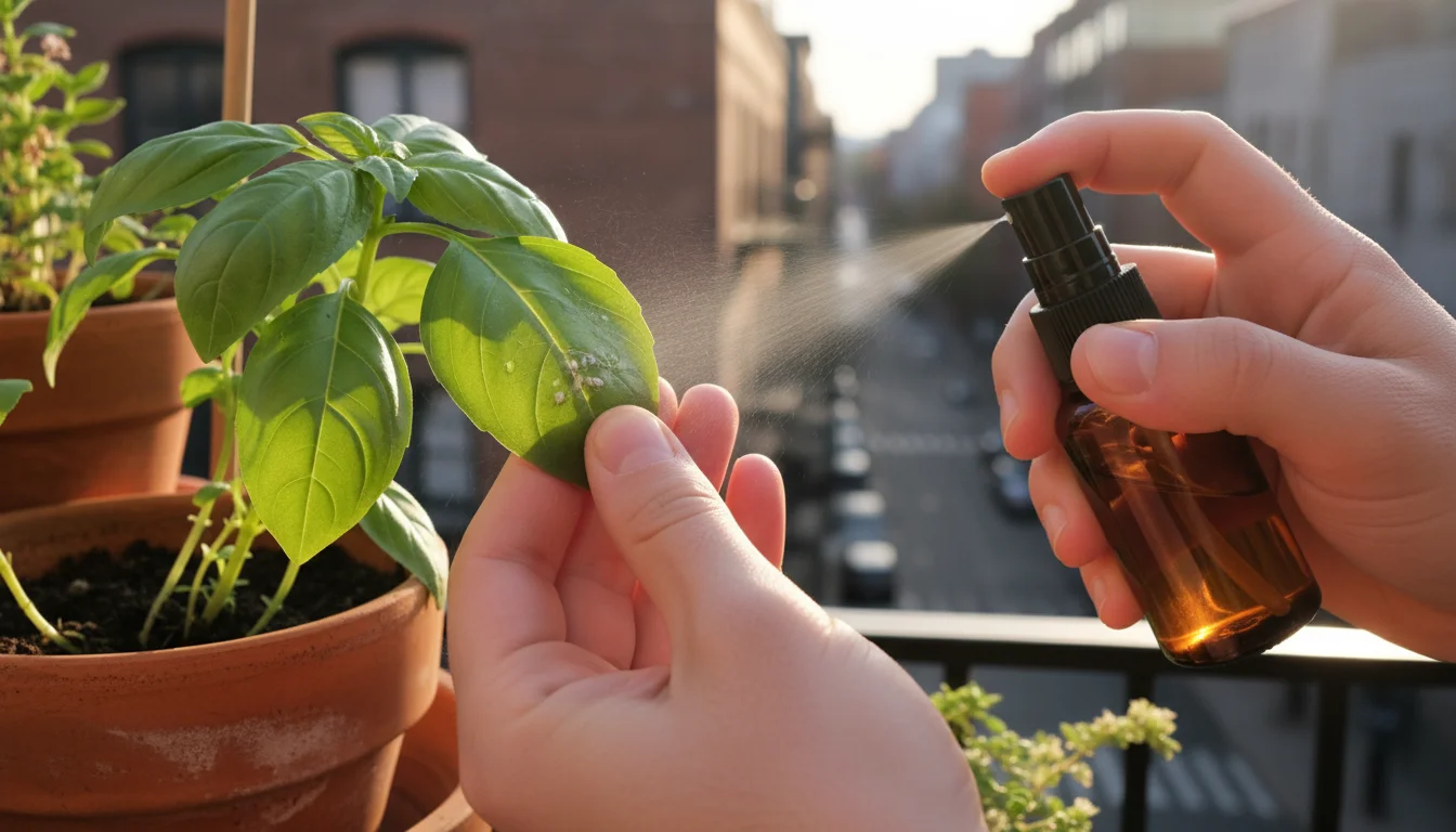 Close-up of hands treating a container plant leaf for pests on a balcony. One hand gently holds a green leaf, while the other dabs a cotton swab on it