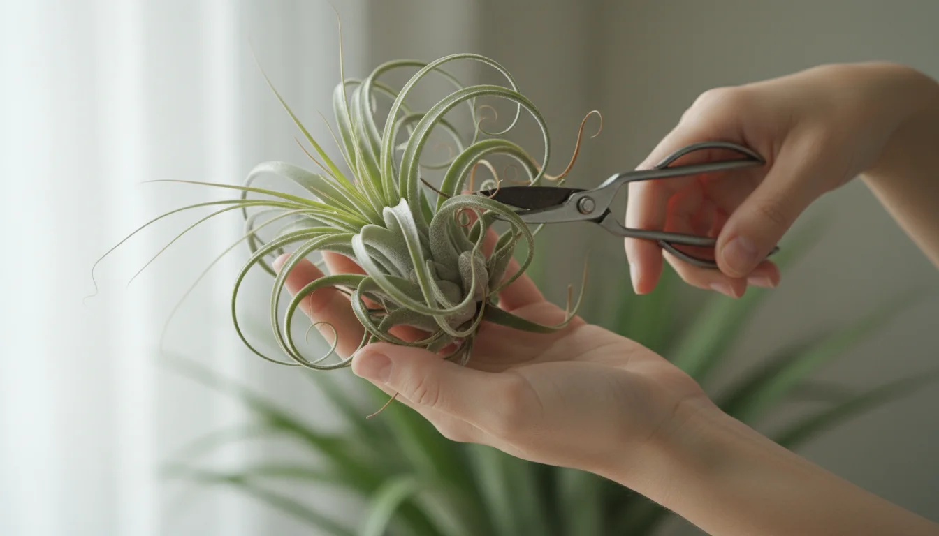 Close-up of hands gently trimming a dry, brown leaf from an air plant with small shears, showing both healthy and damaged foliage.