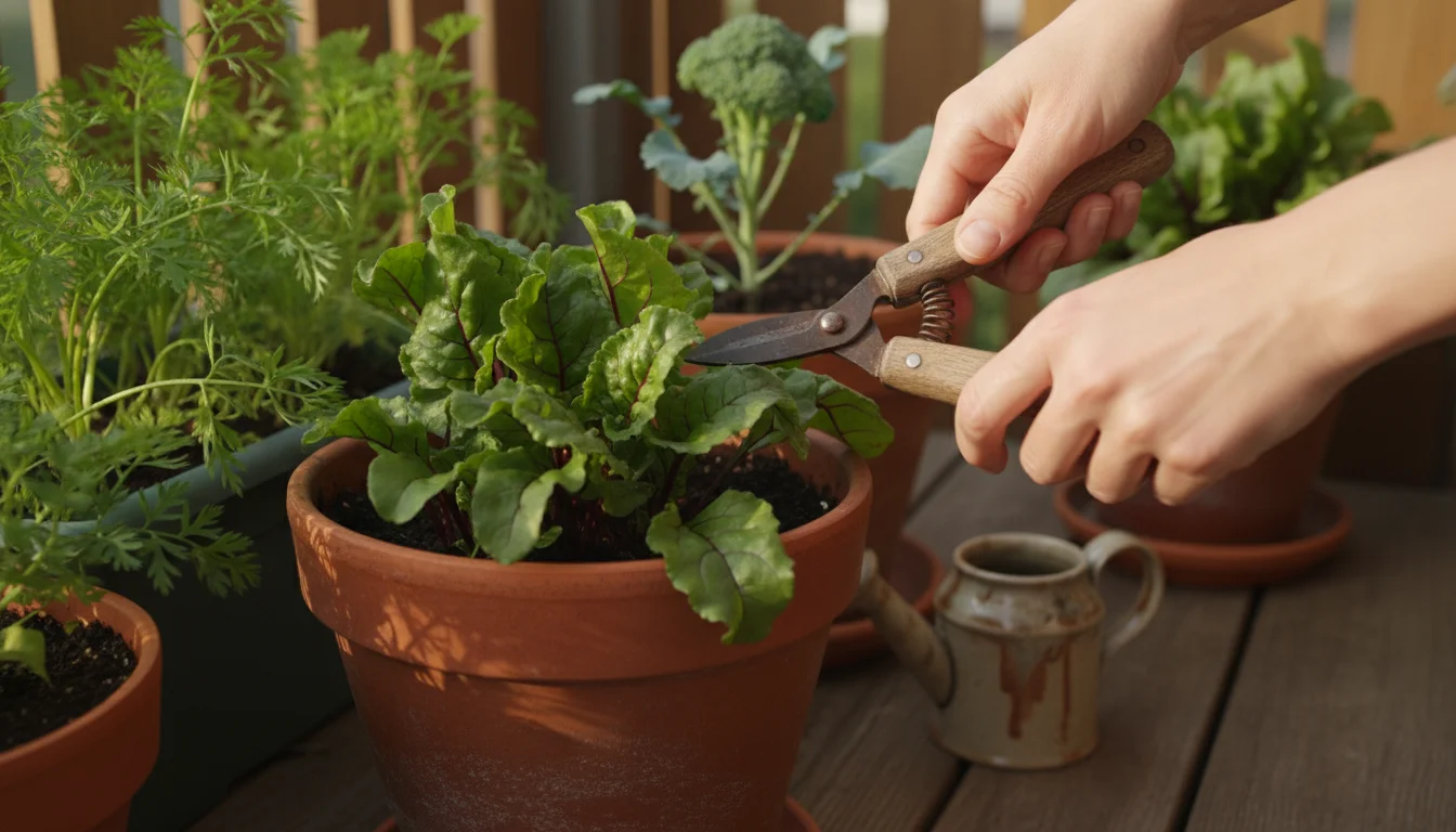 Hands trimming fresh beet greens from a terracotta pot on a balcony with other container plants.