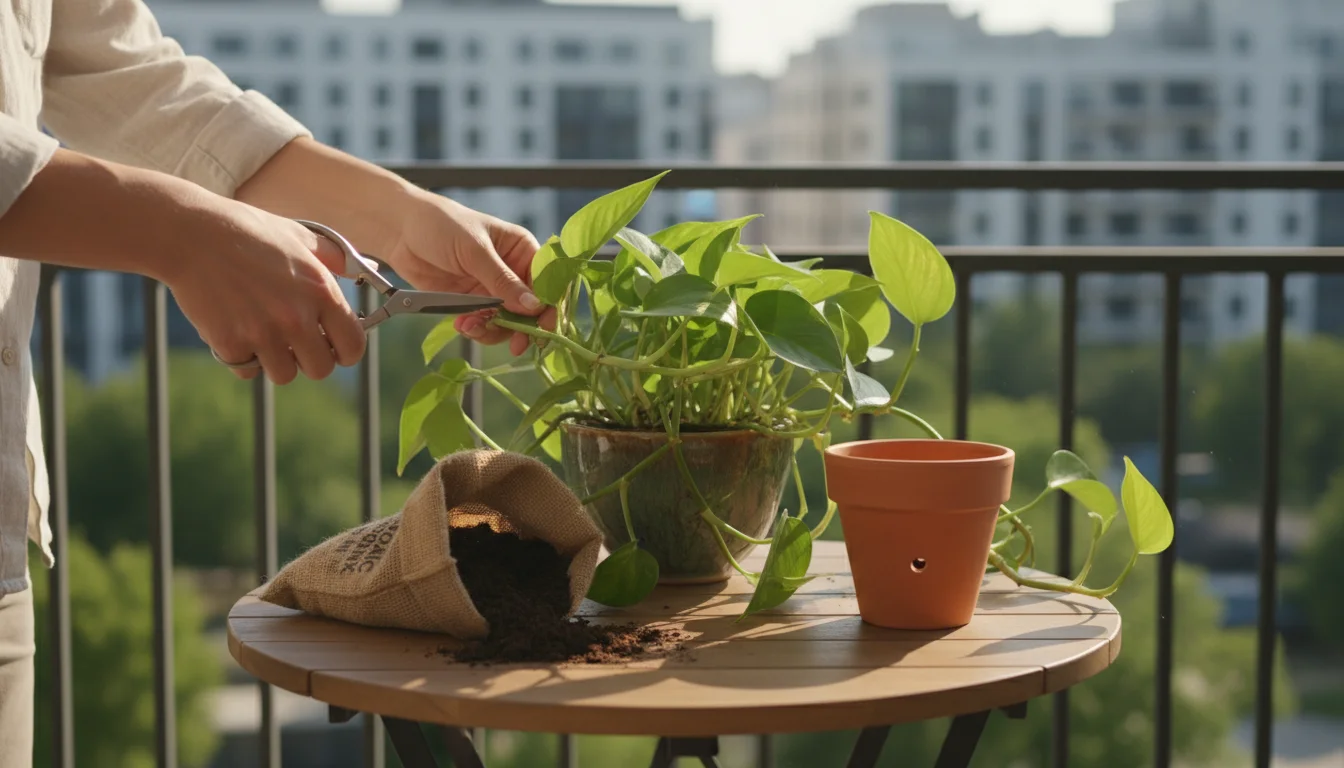 Hands trimming a leafy houseplant with shears on a small balcony table, next to potting soil and an empty pot.