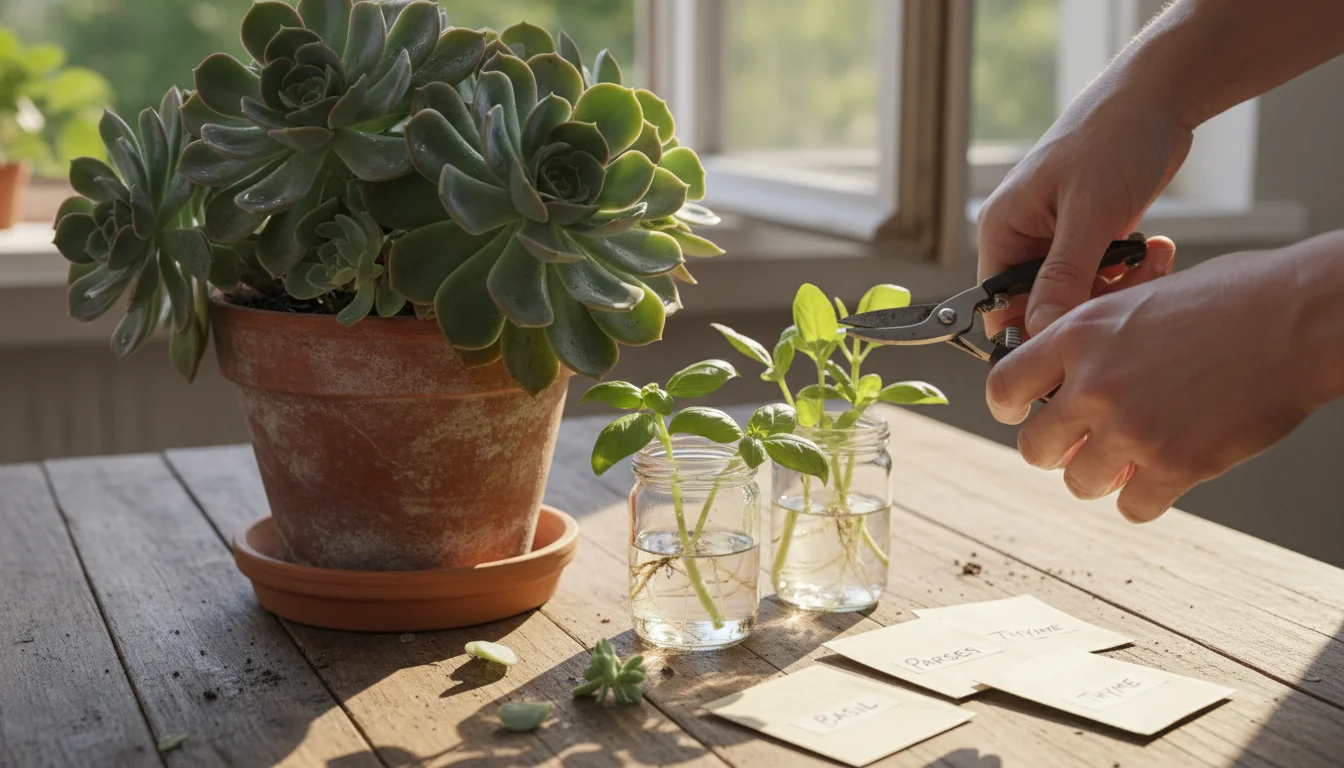 Hands trimming a succulent cutting from a pot, with labeled seed packets and rooting plant cuttings nearby on a rustic table.