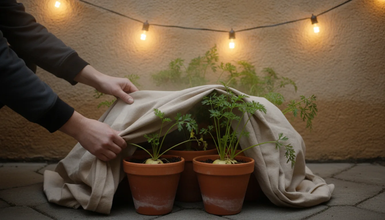 Close-up of hands tucking a beige canvas cover around deep terracotta pots against a house wall on a patio at dusk.