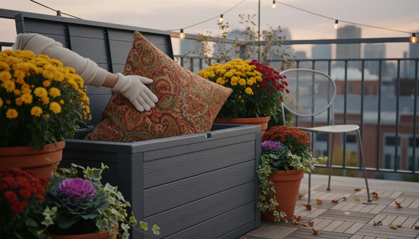 Hands tucking a patterned outdoor pillow into a waterproof storage bench on a balcony, with potted plants and a secured lantern nearby.