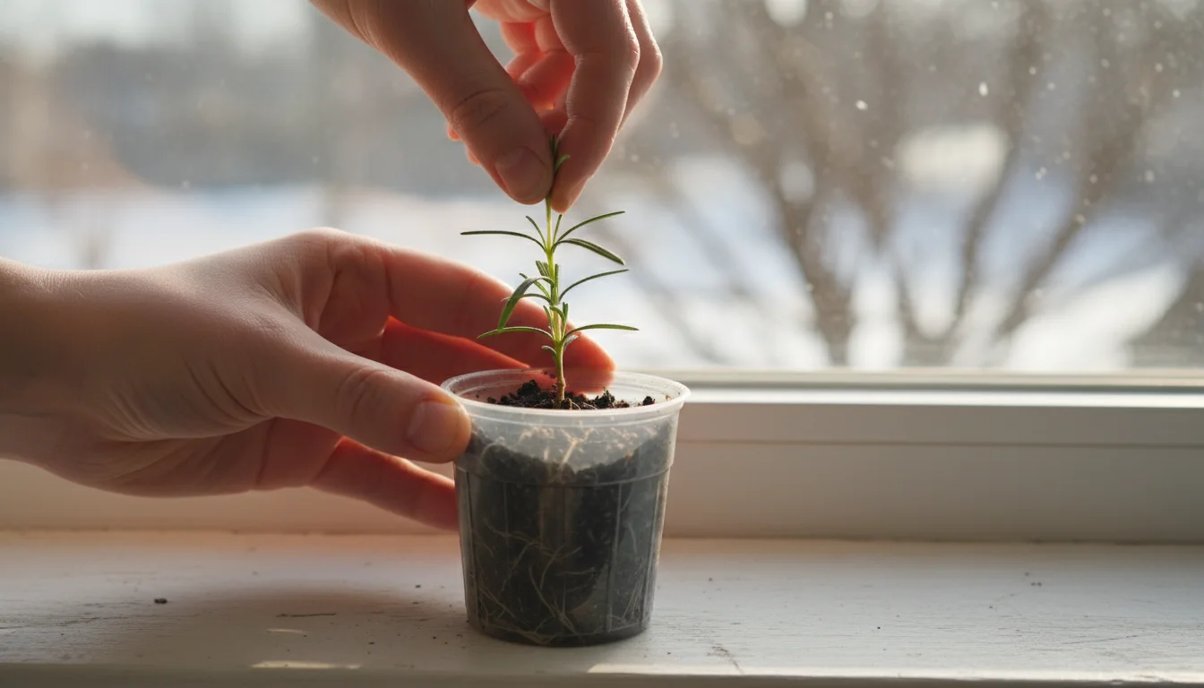 Hands gently tugging a small rosemary cutting in a clear plastic pot to check for roots, with faint white roots visible.