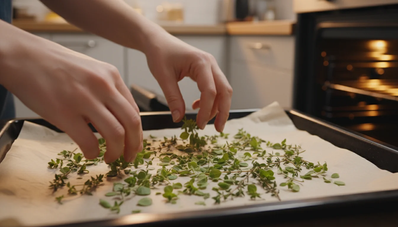 Hands gently turn drying herb leaves on parchment paper on a baking sheet, with a low-temperature oven in the background.