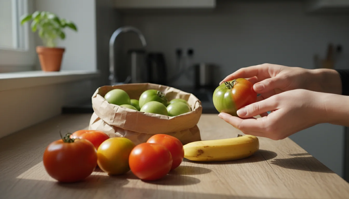 Hands gently turn a half-green, half-red tomato on a wooden counter next to a bag of green tomatoes and a banana.