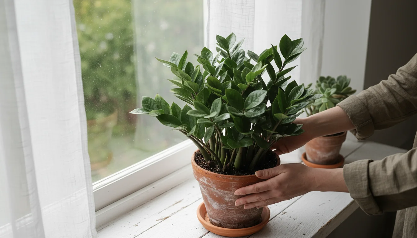 Hands gently turn a potted ZZ plant on a north-facing windowsill, surrounded by other lush, low-light foliage.