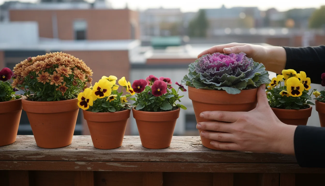 Hands gently turn a potted purple ornamental kale, surrounded by yellow pansies, burgundy violas, and a bronze chrysanthemum on a wooden railing.