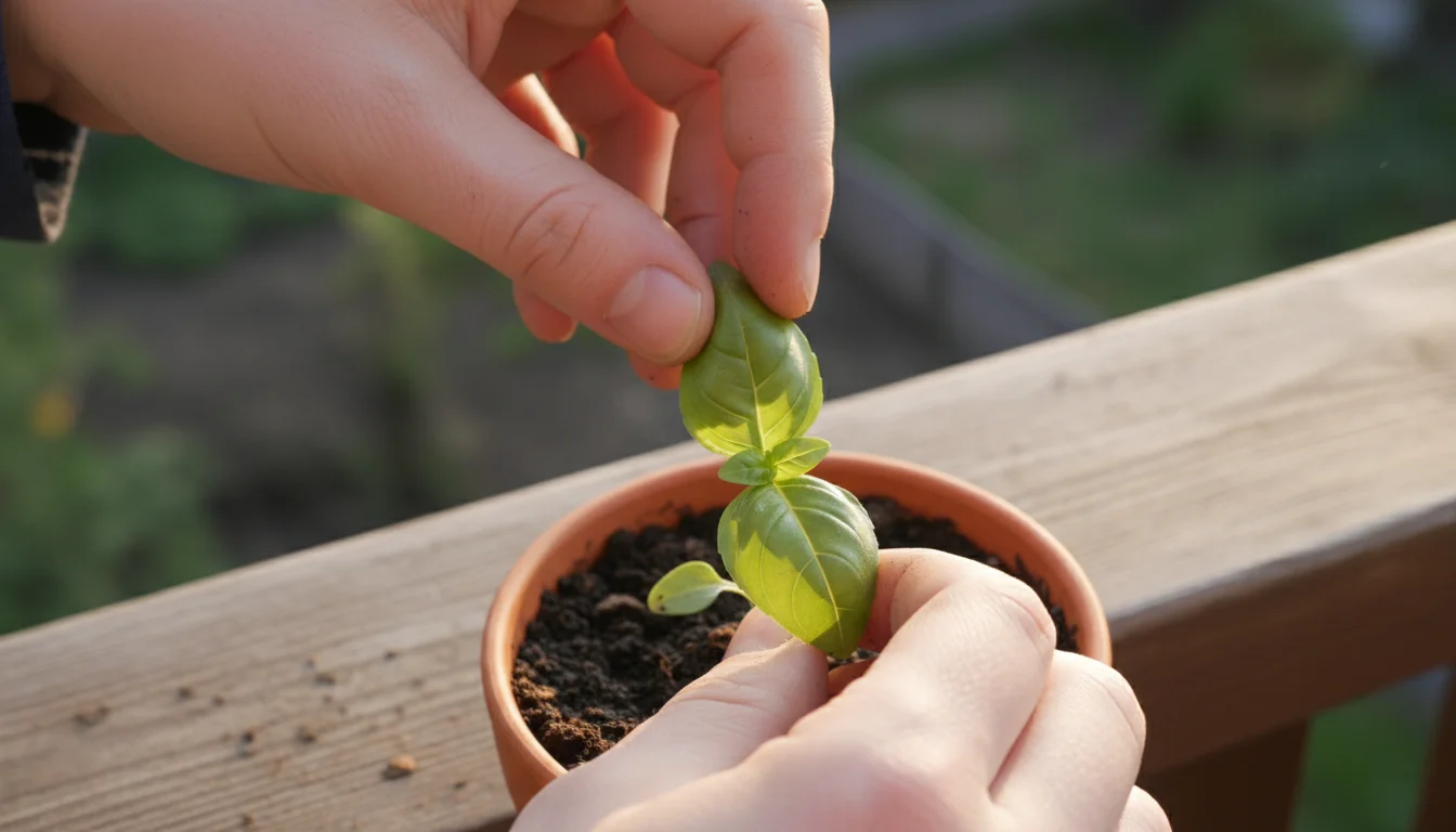 Hands gently turn a tender new leaf of a potted herb on a balcony, meticulously inspecting its underside for early spring aphids.