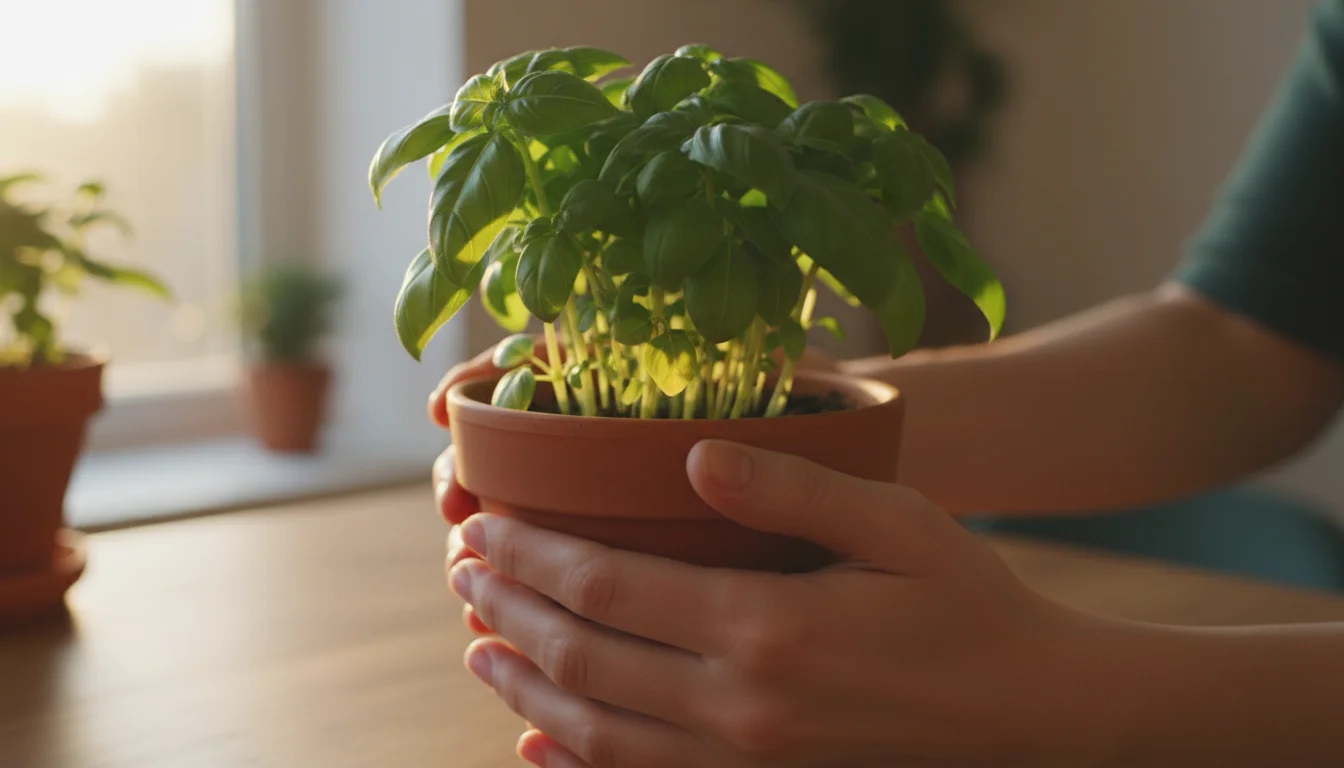 Hands gently turn a terracotta pot with a dwarf basil plant on a balcony railing, observing a few subtly yellowing lower leaves.