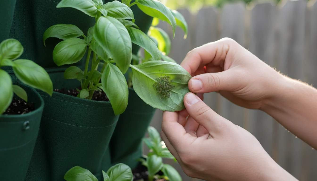 Close-up of hands gently turning a basil leaf in a fabric vertical garden, revealing small green aphids on the underside. Patio setting.