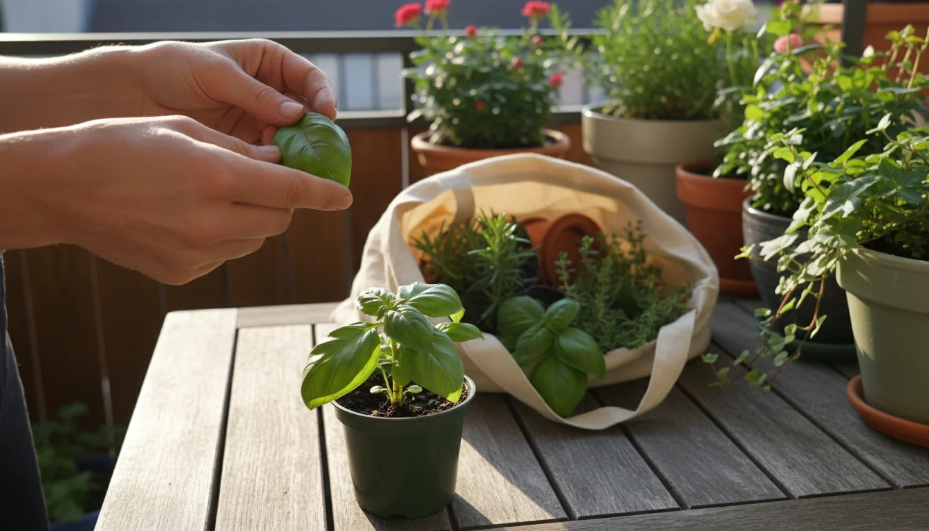 Close-up of hands gently turning a basil leaf, inspecting its underside on a wooden balcony table. New plants and tote bag in background.