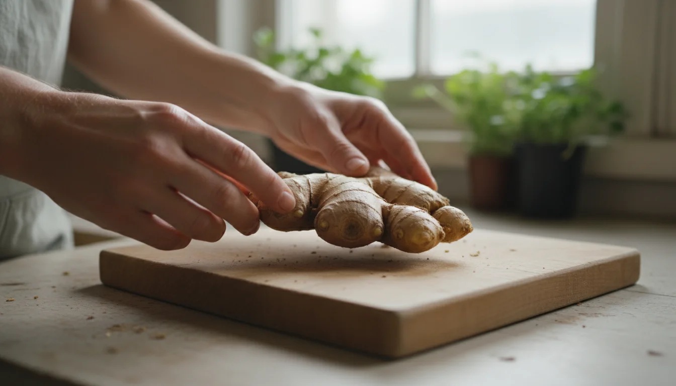 Close-up of hands gently turning a firm ginger rhizome with visible growth buds on a wooden surface.