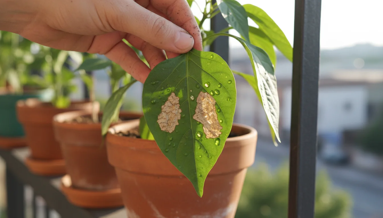 Close-up of hands gently turning a patio pepper plant leaf in a terracotta pot, revealing translucent blisters and corky growths on the underside.