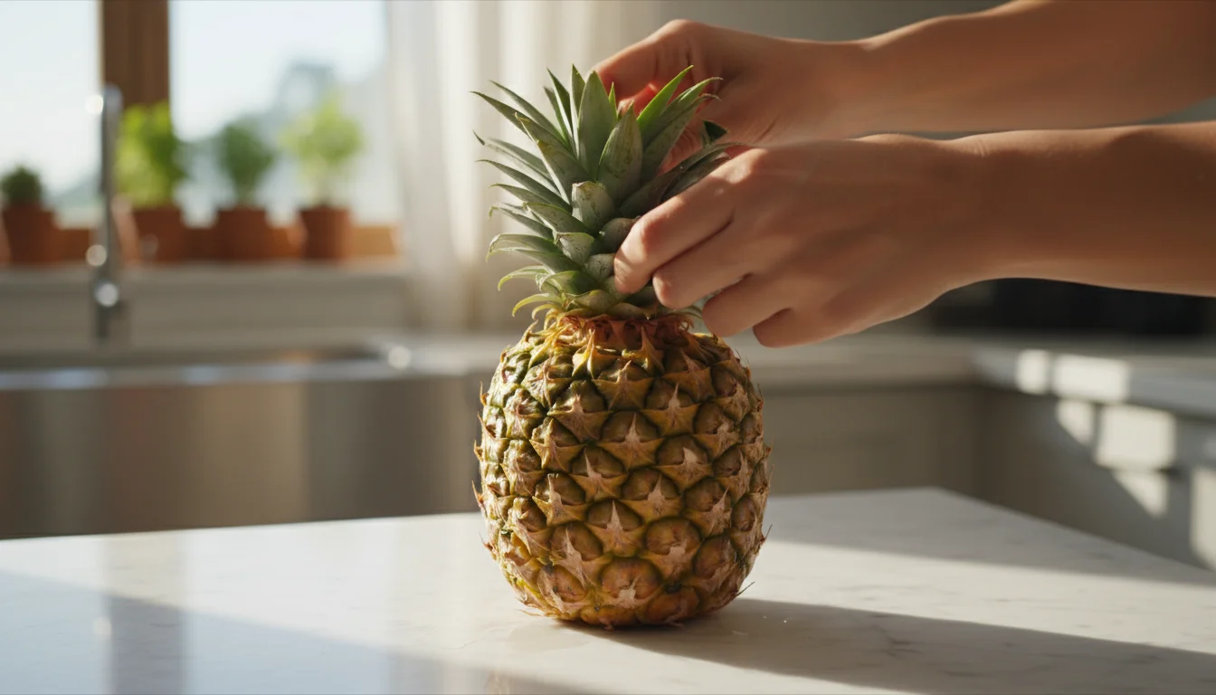 Hands twisting a green pineapple crown off a ripe yellow pineapple on a kitchen counter.