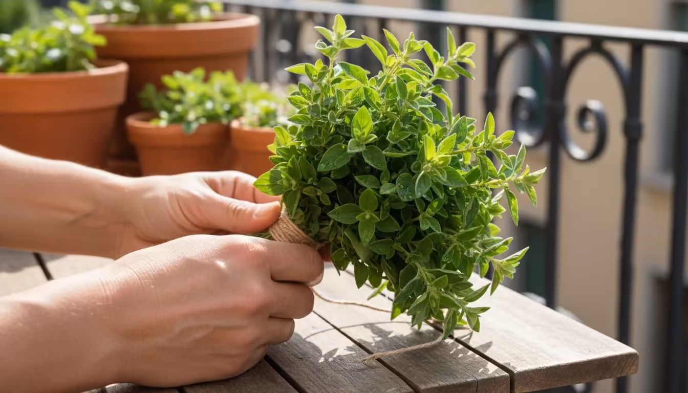 Hands tying fresh oregano with twine on a wooden table, preparing for drying in a small balcony garden.