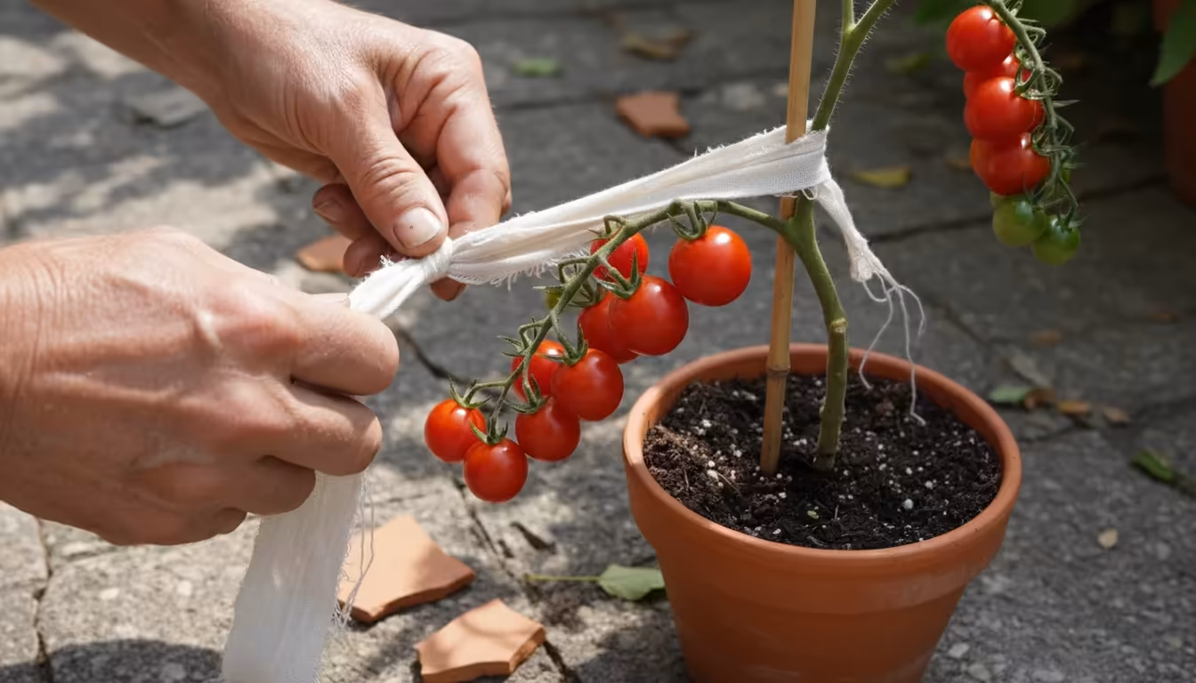 Close-up of hands tying a 'Micro-Tom' tomato branch, heavy with ripening red fruits, to a bamboo stake using a fabric strip.