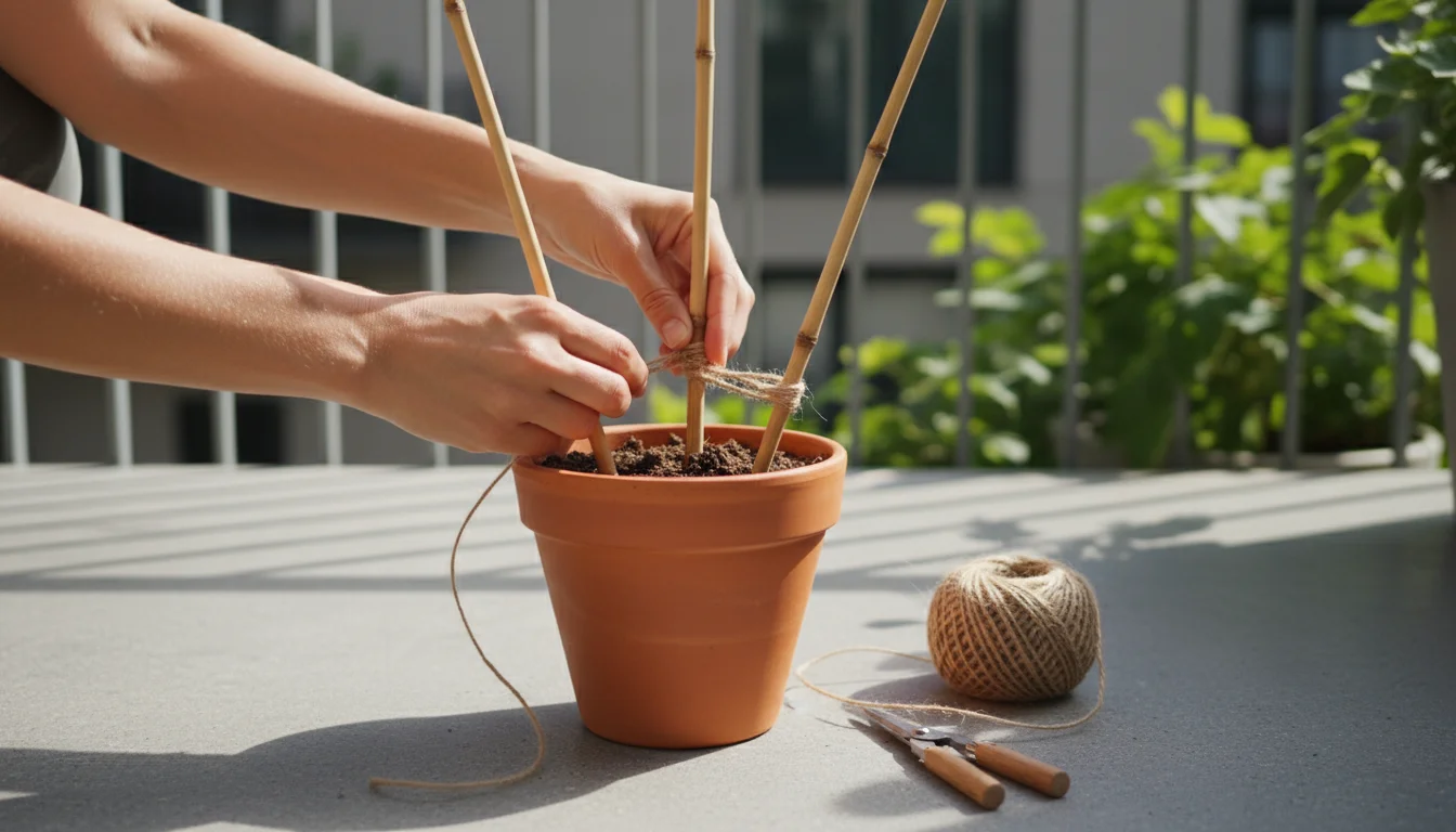 Close-up of hands tying natural twine around bamboo stakes to form a small fan trellis in a terracotta pot on a sunny balcony.