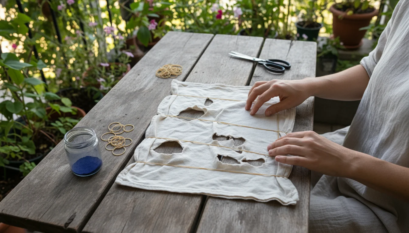 Hands tying sections of a white cotton bandana with rubber bands on a wooden balcony table, preparing for tie-dyeing.