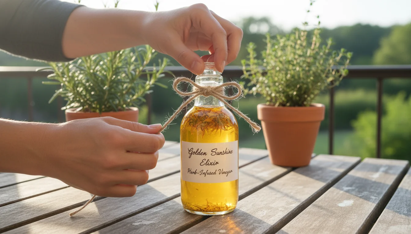 Hands tying twine around a labeled bottle of herb-infused vinegar on a wooden balcony table with potted herbs.