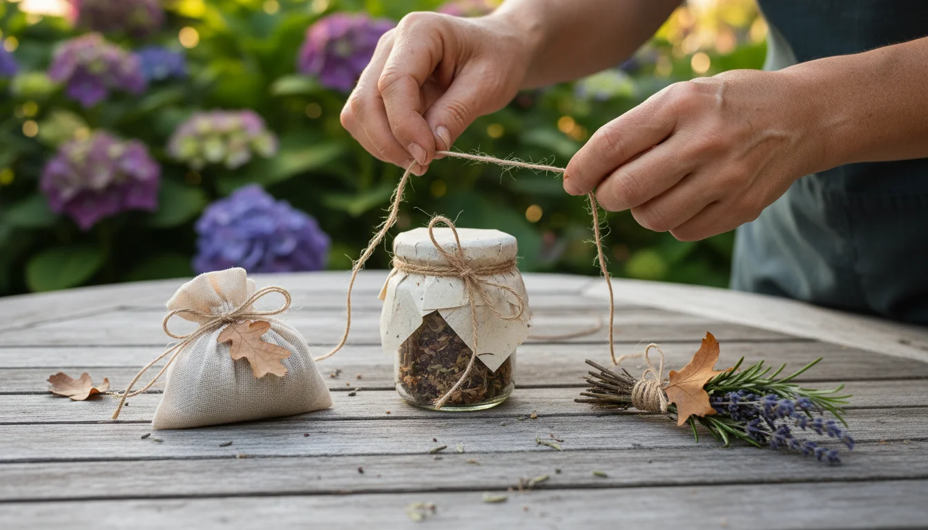 Hands tying twine around a paper-wrapped potpourri jar on a rustic patio table, with a finished sachet and dried herb bundle nearby.