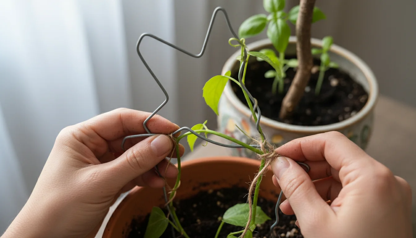 Hands tying a vining plant to a DIY wire hanger trellis in a pot, with a twig support in another pot nearby.