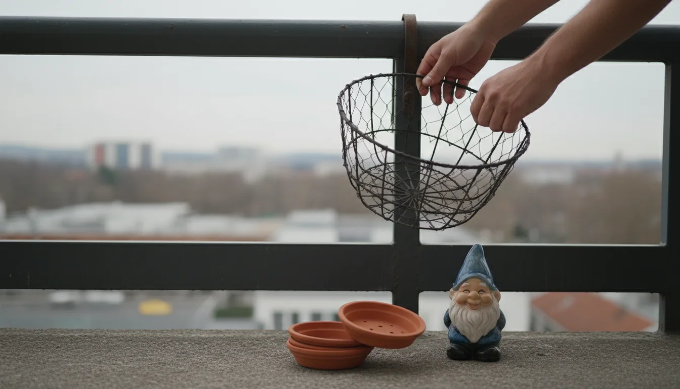 Hands unhook an empty metal hanging basket from a balcony railing. Terracotta saucers and a gnome sit on the concrete floor.