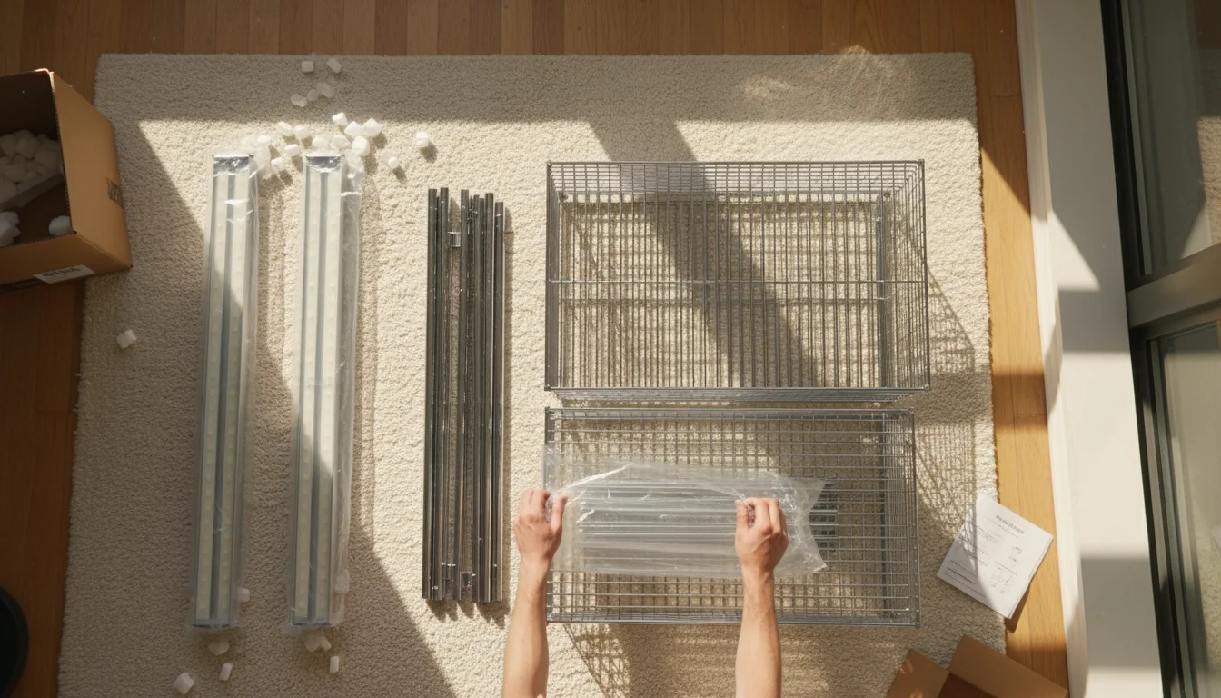 Hands unpack chrome wire shelving components and two packaged LED grow lights on a light rug, preparing for an indoor gardening project.