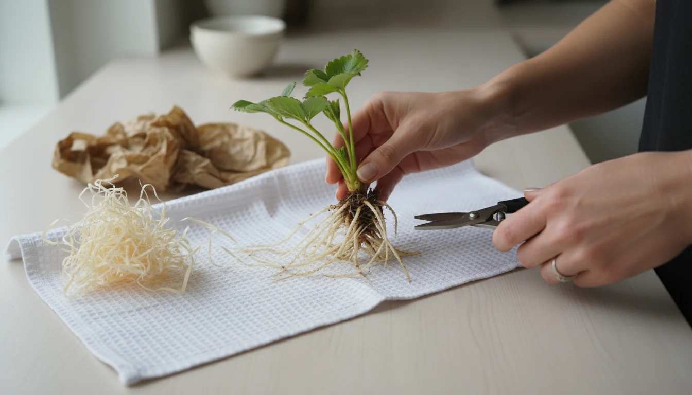 Hands carefully unpack and inspect bare-root strawberry plants on a kitchen table, holding one plant and small pruning scissors.