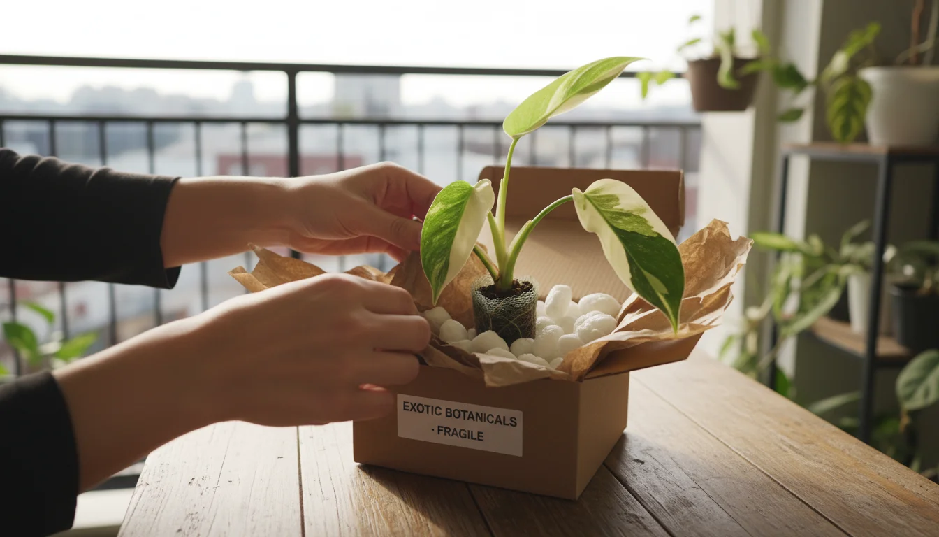 Hands carefully unpack a rare variegated Philodendron plant from shipping materials on a small balcony table, surrounded by other potted plants.