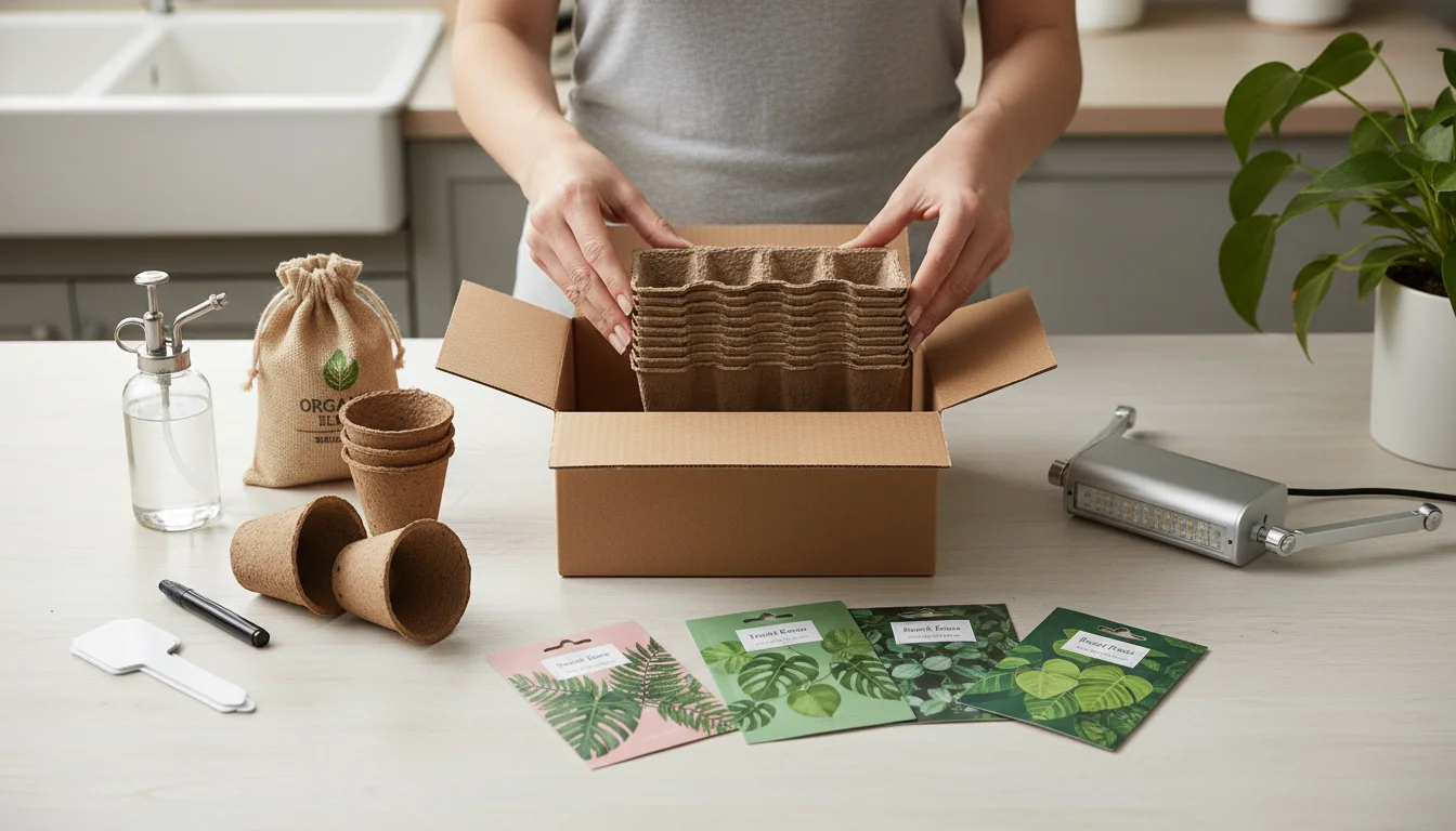 Hands unpacking seed starting trays on a kitchen counter, surrounded by seed packets, potting mix, biodegradable pots, a spray bottle, labels, and a g