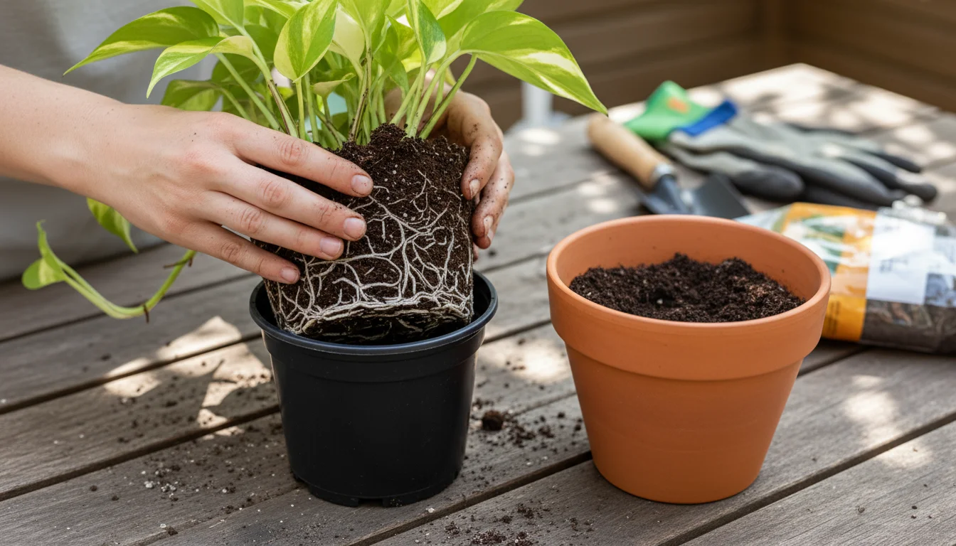 Hands gently unpotting a root-bound Pothos, revealing circling roots, next to a larger terracotta pot with fresh soil on a wooden table.