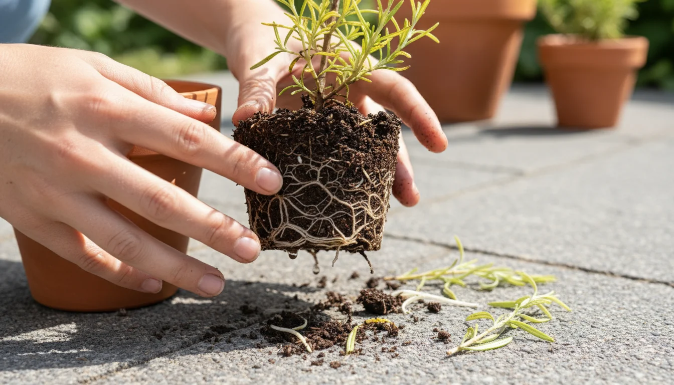 Hands gently unpotting a rosemary plant, revealing both healthy white roots and dark, mushy roots, on a patio surface.