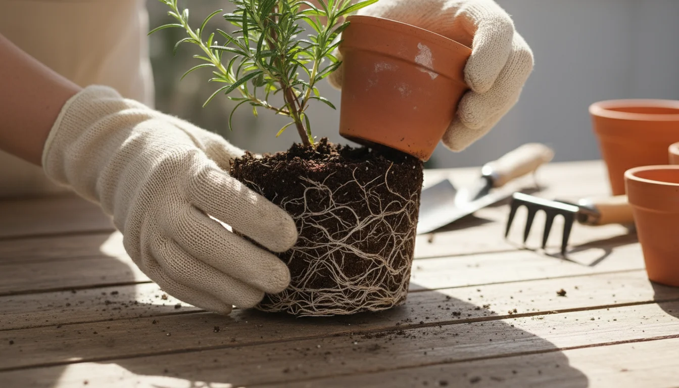 Hands gently unpotting a rosemary plant, revealing its root ball with some dark roots and dropped brown needles on a wooden bench.