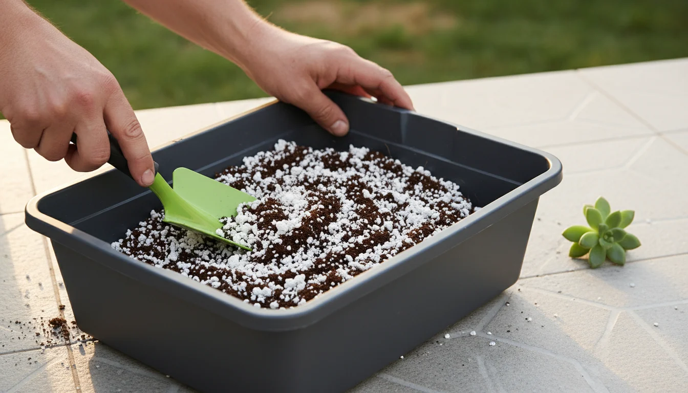 Hands use a green trowel to mix potting soil and white perlite in a gray tub on a patio, showing partial integration.