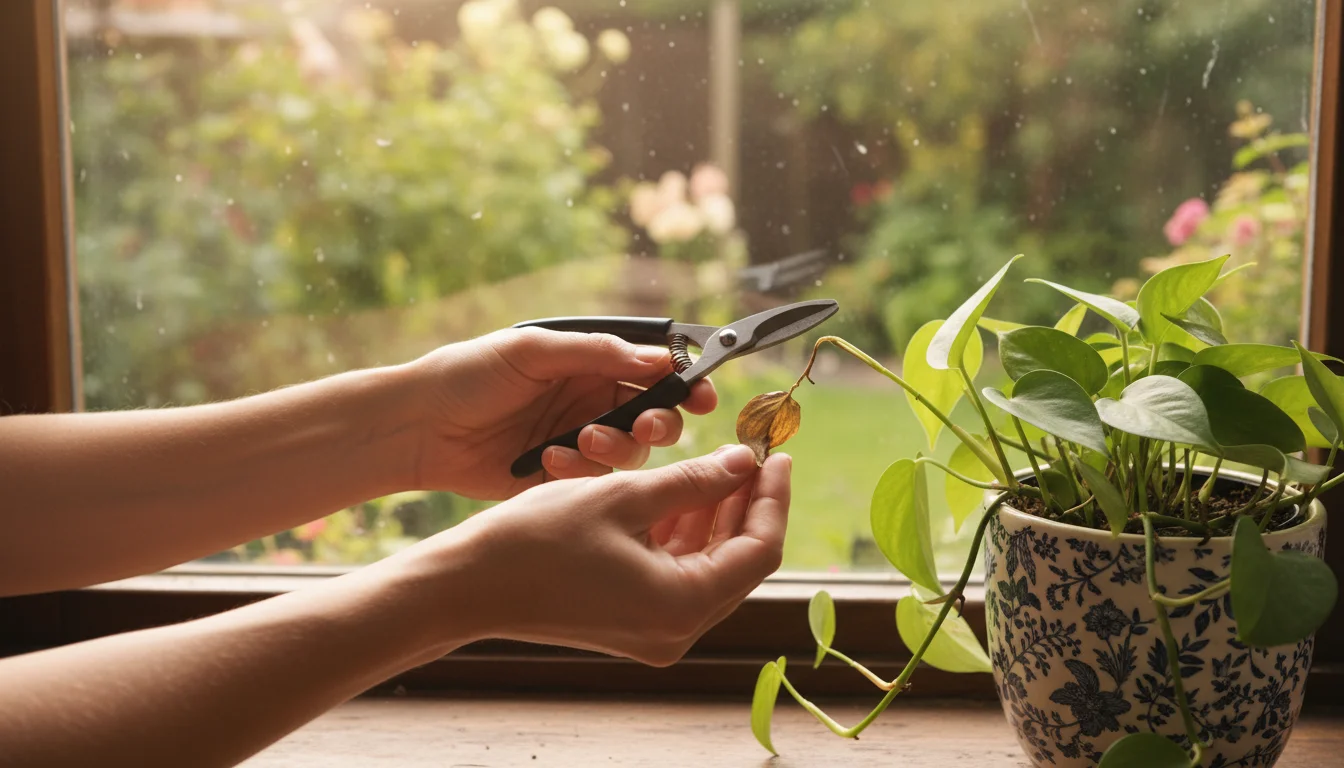 Hands use precision pruners to snip a brown leaf from a potted houseplant, while the other hand is cupped underneath to catch it.