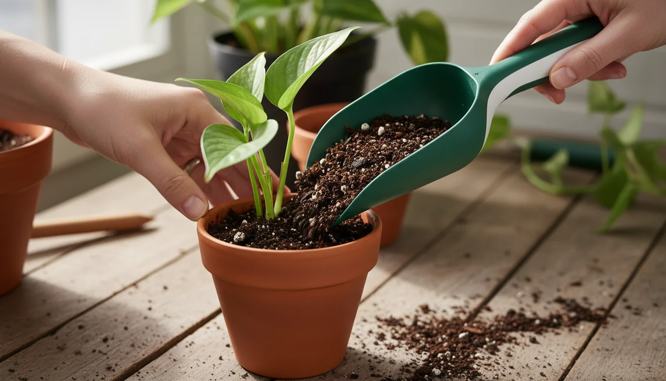 Hands use a small gardening scoop to meticulously add potting mix around a young green plant in a terracotta pot on a clean wooden table.