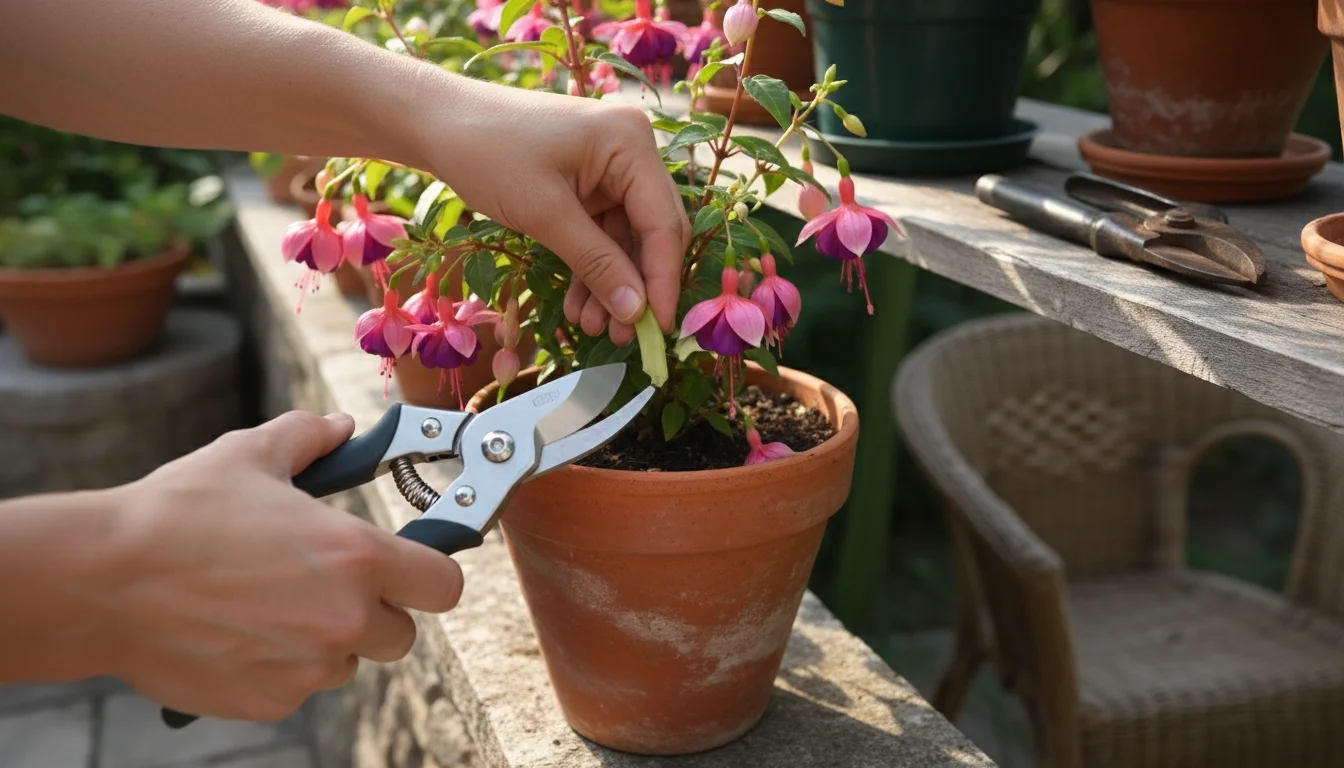 Hands using bypass pruners to deadhead a pink fuchsia in a terracotta pot on a balcony, with anvil pruners in soft focus on a shelf.