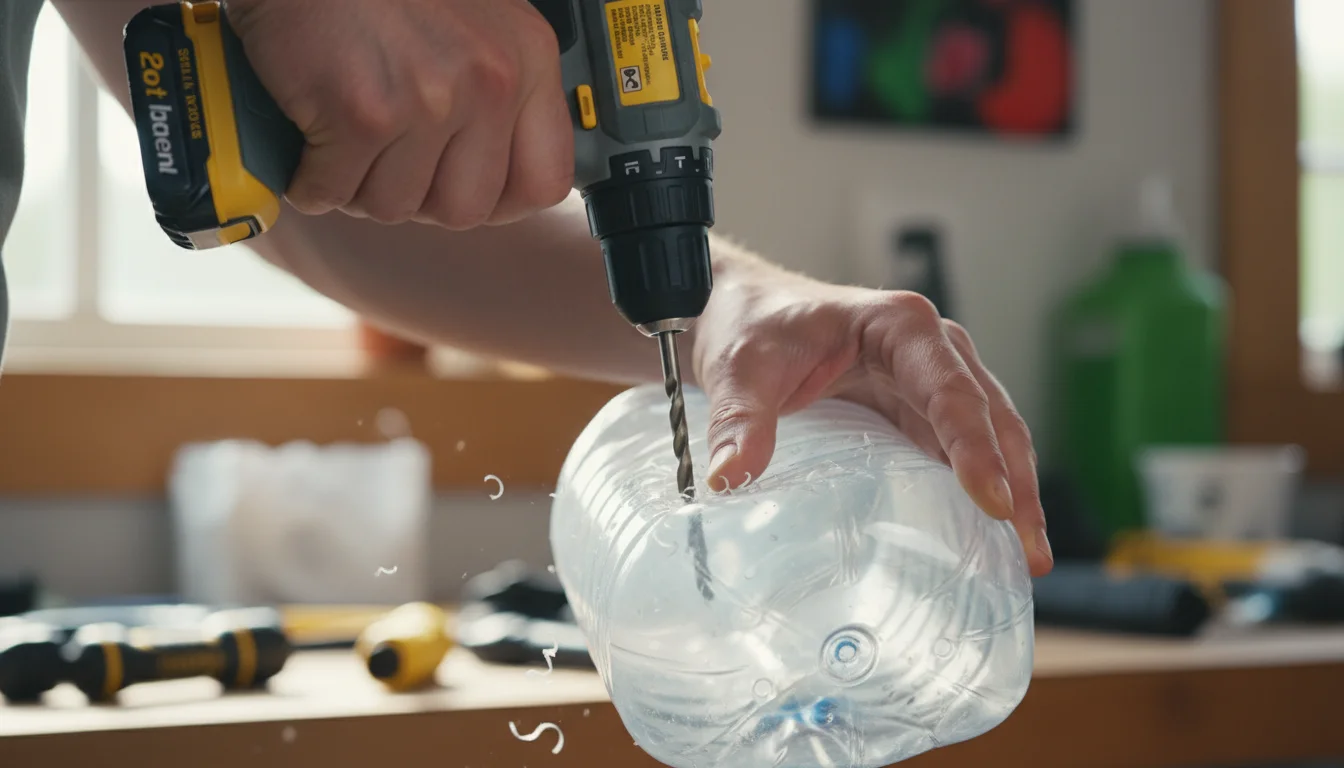 Hands using a cordless drill to create drainage holes in an upcycled plastic laundry detergent bottle on a workbench, sunlit. Focus on the drilling ac