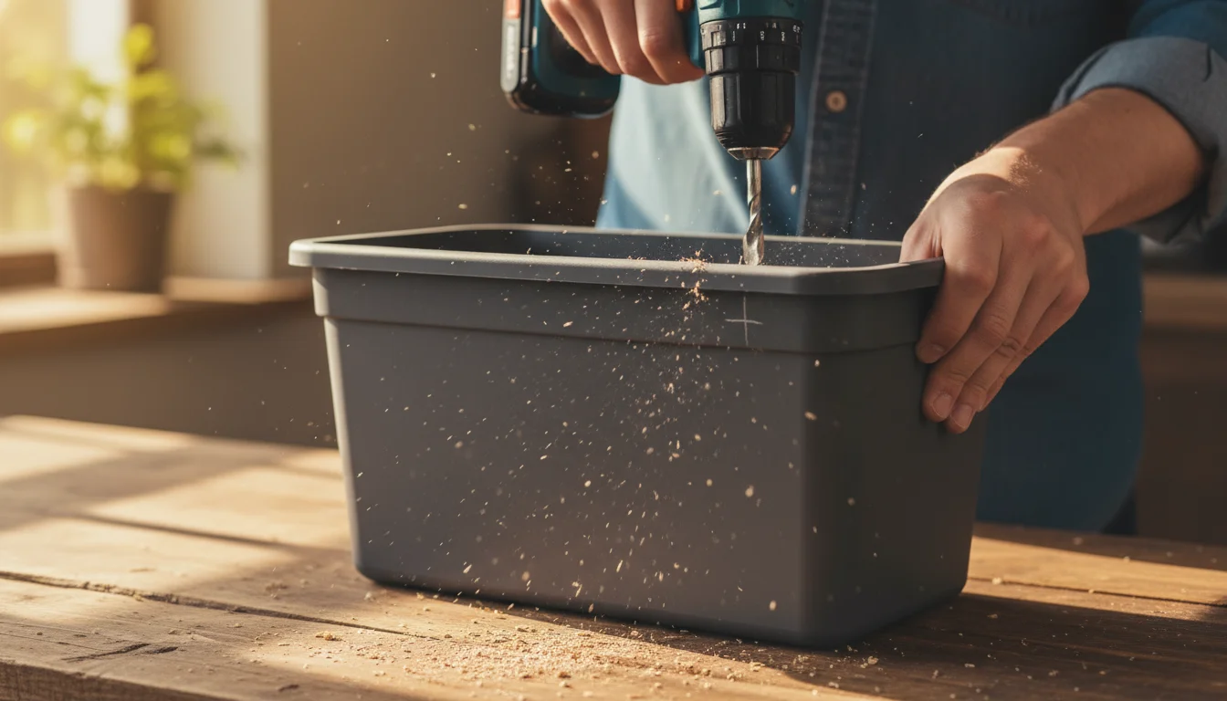 Hands using a cordless drill to create an overflow hole in the side of a grey rectangular self-watering container, on a wooden workbench.
