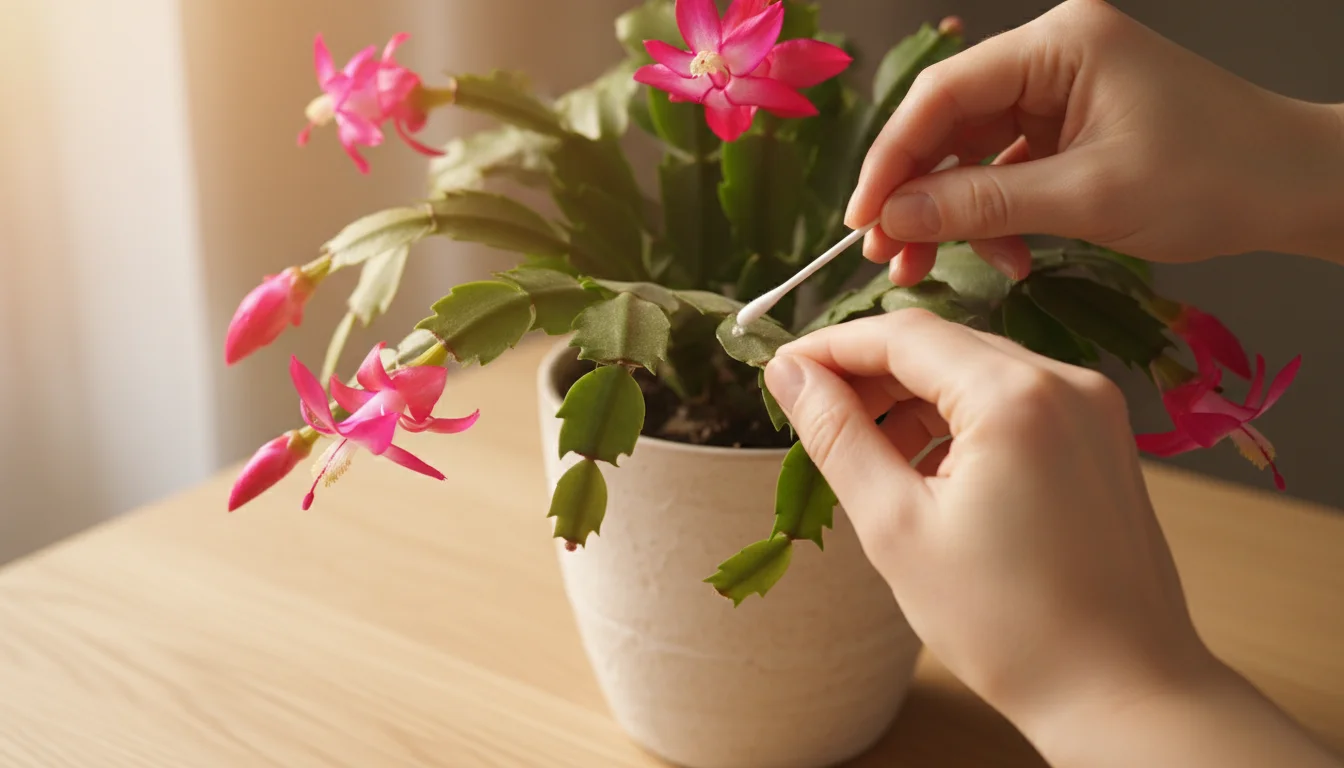 Hands using a cotton swab to treat a tiny pest on a segment of a healthy Christmas Cactus plant.