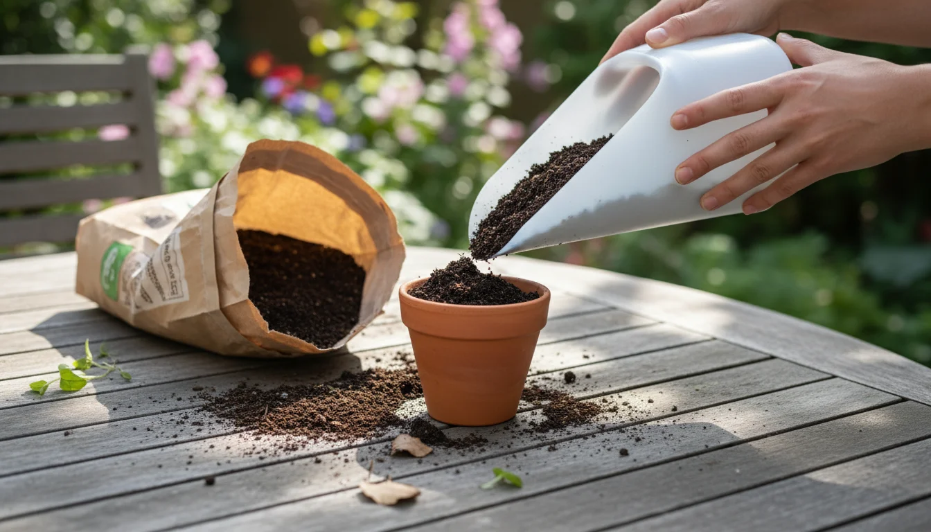 Hands using a DIY milk jug scoop to transfer potting mix into a terracotta pot on a patio table, with container plants in the background.