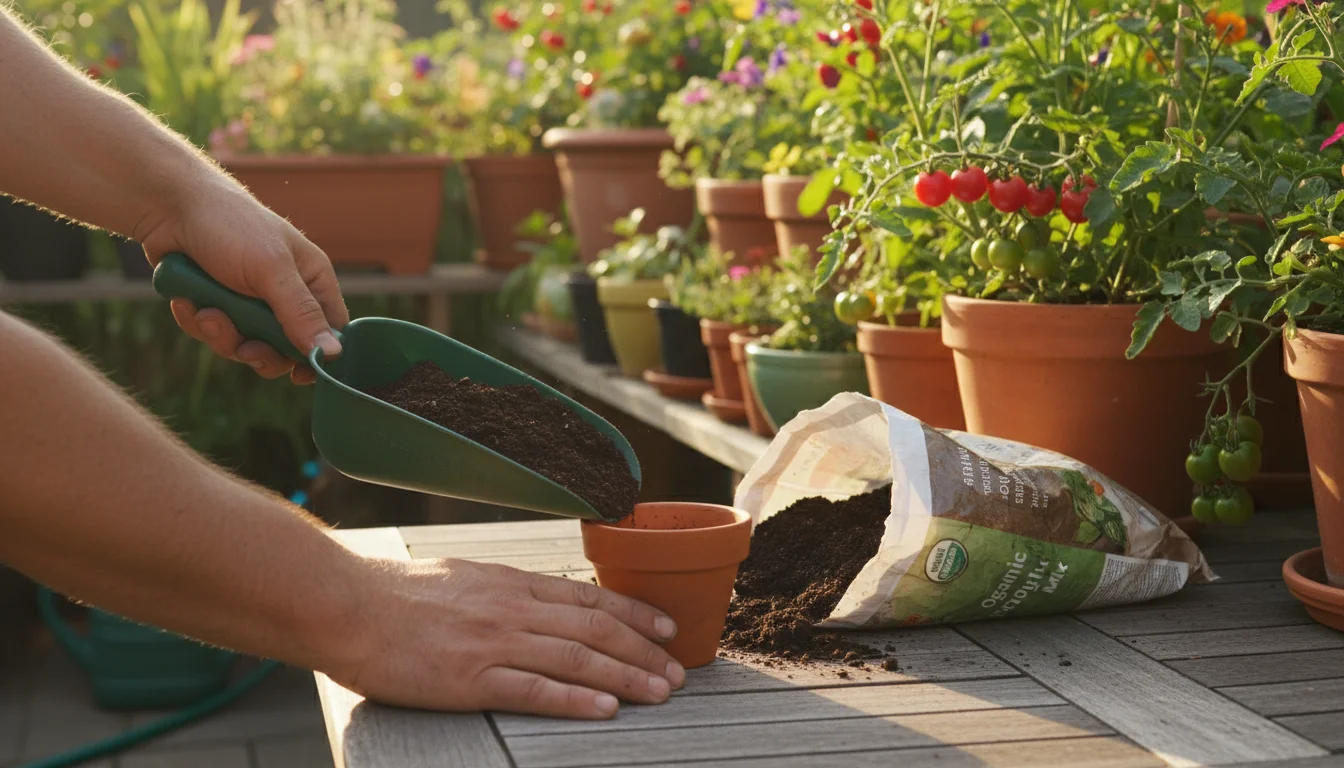 Hands using a wide green scoop to transfer potting soil from a bag into a small terracotta pot on a patio table. Measurement markings visible.