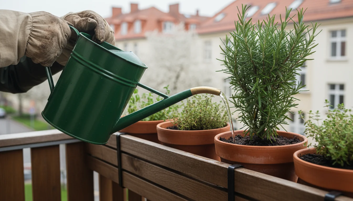 Hands using a long-spouted watering can to precisely water a rosemary plant in a balcony pot, avoiding the foliage.