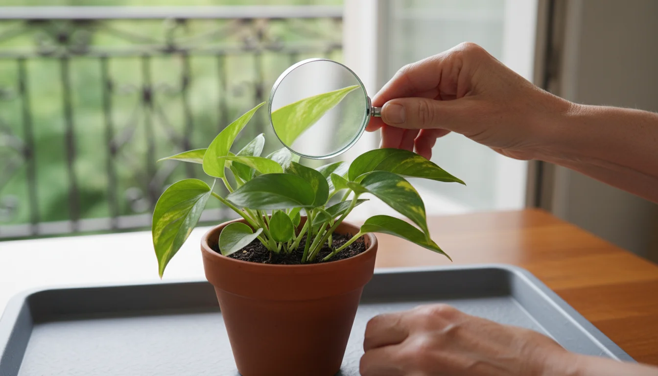 Close-up of hands using a magnifying glass to inspect leaves of a potted plant on a waterproof tray.