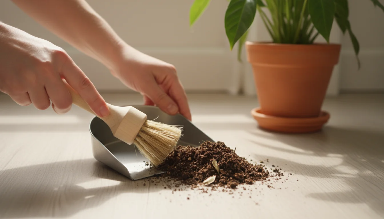 Hands using a mini brush and dustpan to sweep up a small pile of soil and leaf bits on a wooden floor next to a potted plant.